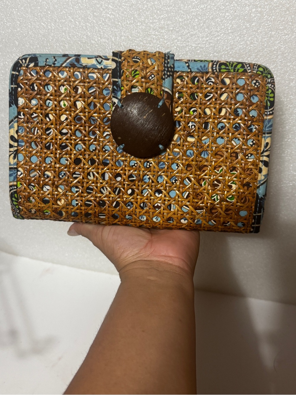 Vera Bradley Tan Woven Rattan Wallet with Blue Floral Trim